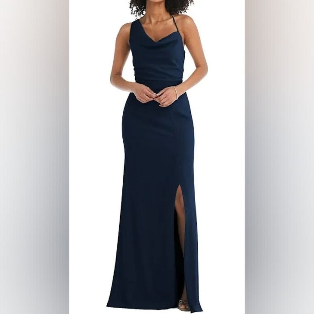 NWT After Six "Midnight" Crepe One-Shoulder Cowl Maxi Gown | Size 4